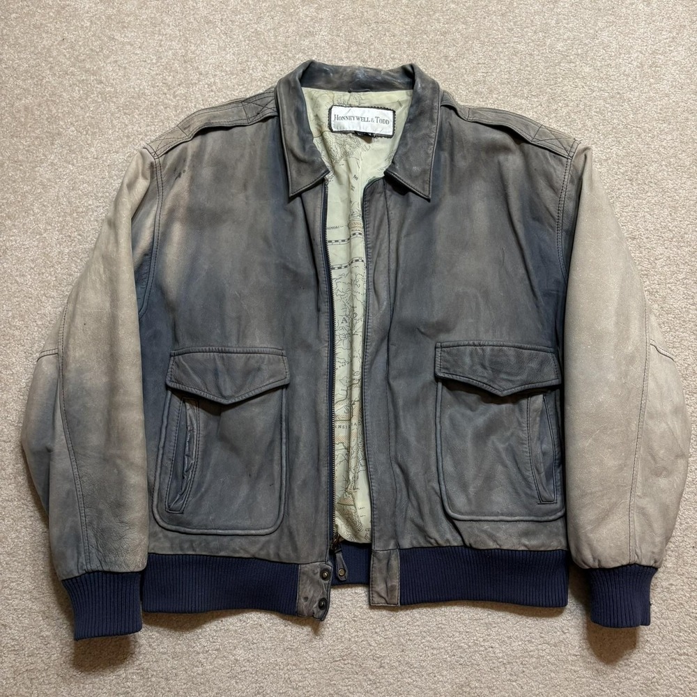 Vtg Honeywell & Todd Leather Jacket Mens Large Sun Faded Blue Gray A2 Bomber 90s